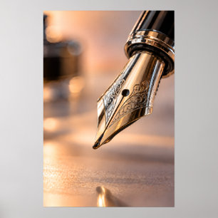 Macro fotografie van vulpenpunt met inktdruppel poster
