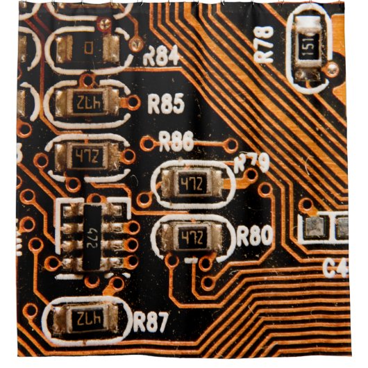 macro shot of circuitboard,cables,capacitors,card, douchegordijn (Voorkant)