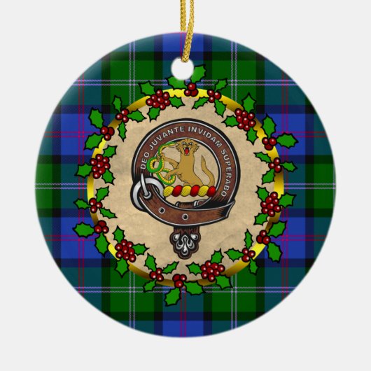 MacThomas Badge & Tartan Gepersonaliseerde Kerstmi Keramisch Ornament (Voorkant)