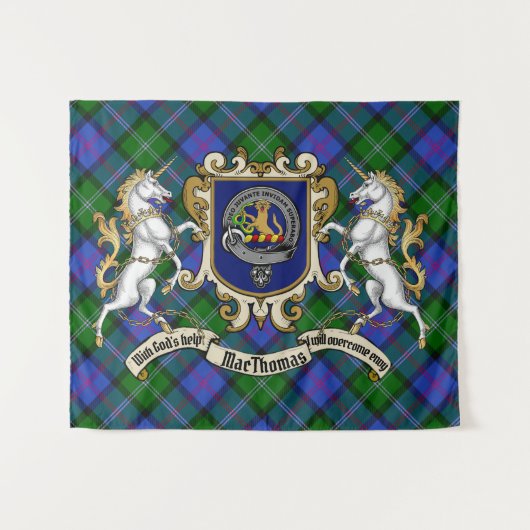 MacThomas Clan Badge & Unicorns w/Tartan Wandkleed (Voorkant (horizontaal))