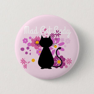 "Mad Cat Lady" Kat in Roze Flowers Badge Ronde Button 5,7 Cm