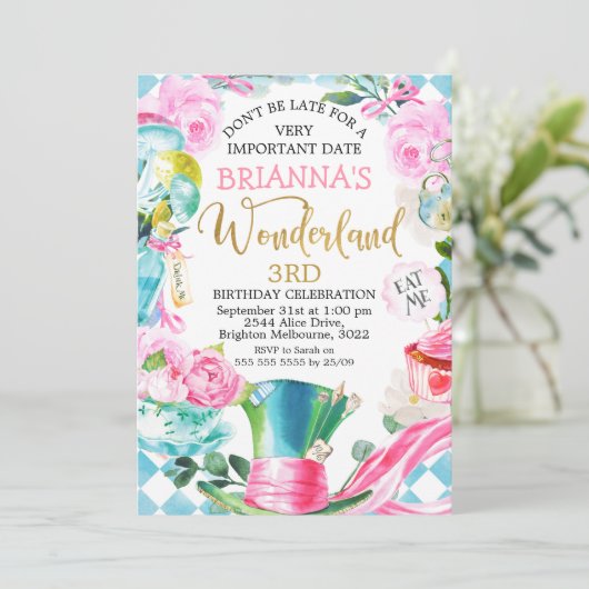 Mad Hatter Alice in Wonderland - uitnodiging voor (Staand voorkant)