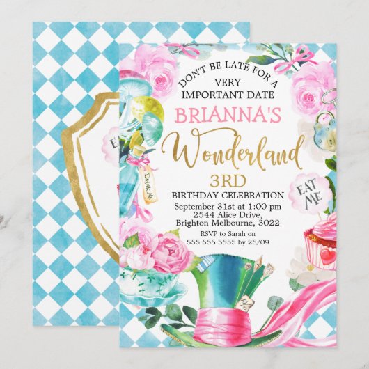 Mad Hatter Alice in Wonderland - uitnodiging voor  (Voorkant / Achterkant)