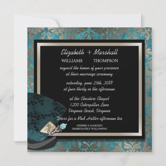 Mad Hatter Alice in Wonderland Wedding Invitation Kaart (Achterkant)