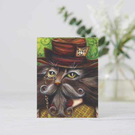 Mad Hatter Cat Alice in Wonderland Fantasy Art Briefkaart (Staand voorkant)