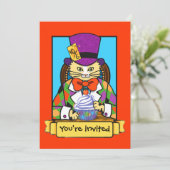 Mad hatter Cat verjaardagsuitnodiging Kaart (Staand voorkant)