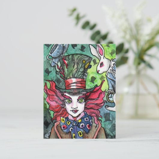 Mad Hatter en wit konijn Briefkaart (Staand voorkant)