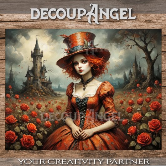 Mad Hatter Meisje in Roos Tuin Decoupage Tissuepapier