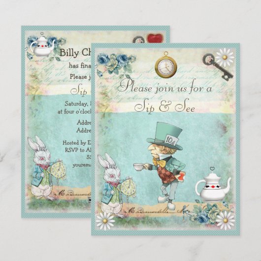 Mad Hatter Sip & See Baby shower Kaart (Voorkant / Achterkant)