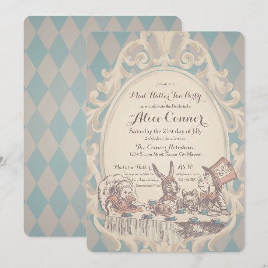 Mad Hatter Tea Party Bridal Shower Invitations Kaart (Voorkant / Achterkant)