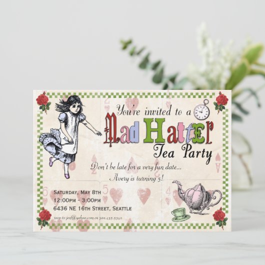 Mad Hatter Tea Party Invitation Kaart (Staand voorkant)