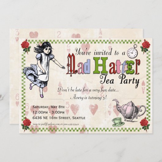 Mad Hatter Tea Party Invitation Kaart (Voorkant / Achterkant)