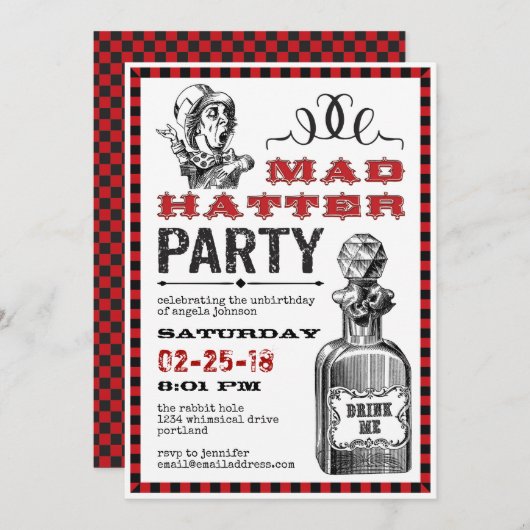 Mad Hatter Unjarig Party Kaart (Voorkant / Achterkant)