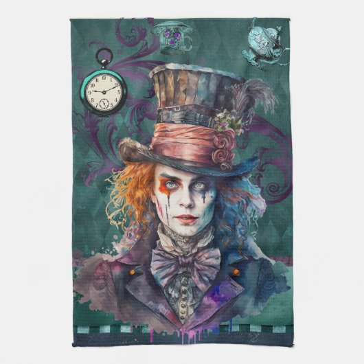 Mad Hatter Waterverf portret Theedoek (Verticaal)