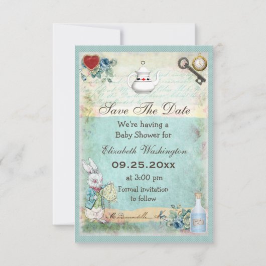 Mad Hatter Wonderland Baby shower behalve datum Save The Date (Achterkant)
