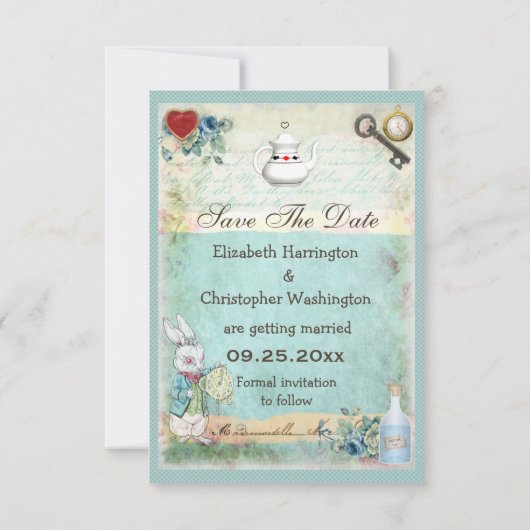 Mad Hatter Wonderland Wedding Save the Date (Achterkant)