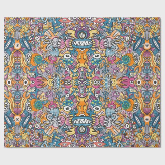 Mad monsters en robots in een gekke menigte patroo cadeaupapier (Vlak)