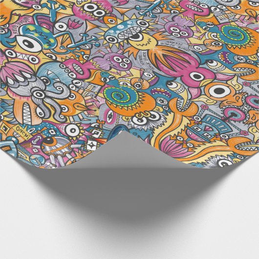 Mad monsters en robots in een gekke menigte patroo cadeaupapier (Hoek)