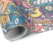 Mad monsters en robots in een gekke menigte patroo cadeaupapier (Rol Hoek)