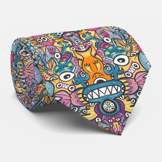 Mad monsters en robots in een gekke menigte patroo stropdas (Opgerold)