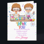 Mad Science Birthday Dank je wel Bedankkaart<br><div class="desc">Verbaasd je gasten met dit kleurrijke verjaardagsfeestje voor wetenschappen. Dank je wel je kaart met twee wetenschappers die experimenteren, een kleurrijke dank je en een kleurrijke stip voor de achtergrond. Voeg gewoon uw dank toe aan uw opmerking en de naam van het kind op deze gebruiksvriendelijke sjabloon om er een...</div>