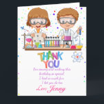 Mad Science Birthday Dank je wel Bedankkaart<br><div class="desc">Verbaasd je gasten met dit kleurrijke verjaardagsfeestje voor wetenschappen. Dank je wel je kaart met twee wetenschappers die experimenteren, een kleurrijke dank je en een kleurrijke stip voor de achtergrond. Voeg gewoon uw dank toe aan uw opmerking en de naam van het kind op deze gebruiksvriendelijke sjabloon om er een...</div>