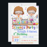 Mad Science Birthday Invitation for Twins Kaart<br><div class="desc">Verrijk je gasten met deze kleurrijke uitnodiging van een wetenschaps-verjaardagsfeestje, vooral voor tweelingbroer en zus met wetenschappelijke elementen zoals experimentele tools en twee wetenschappers die een experiment doen. Kleurrijke stippen zijn voor de achtergrond. Voeg eenvoudig uw gebeurtenisdetails op deze makkelijk te gebruiken sjabloon toe om tot het één-van-een-soort uitnodiging te...</div>