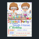 Mad Science Birthday Invitation for Twins Kaart<br><div class="desc">Verrijk je gasten met deze kleurrijke uitnodiging van een wetenschaps-verjaardagsfeestje, vooral voor tweelingbroer en zus met wetenschappelijke elementen zoals experimentele tools en twee wetenschappers die een experiment doen. Kleurrijke stippen zijn voor de achtergrond. Voeg eenvoudig uw gebeurtenisdetails op deze makkelijk te gebruiken sjabloon toe om tot het één-van-een-soort uitnodiging te...</div>