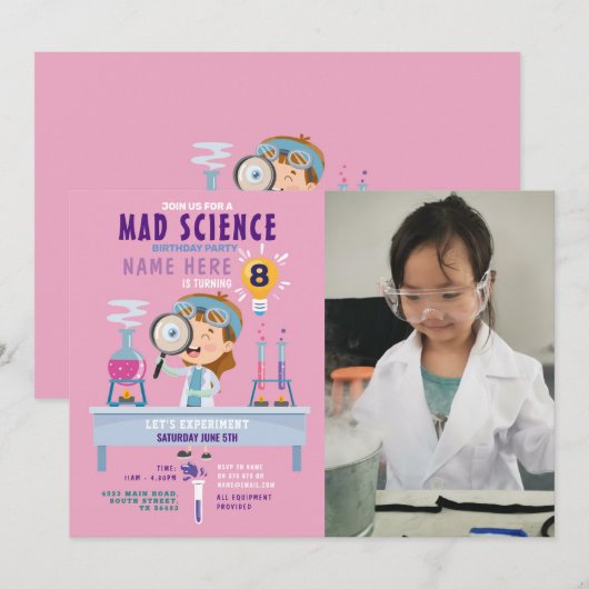 Mad Science Birthday Party Experiment Girls Pink Kaart (Voorkant / Achterkant)