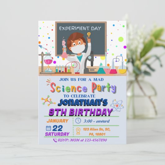 Mad Science Birthday Party Invitation for Boys Kaart (Staand voorkant)