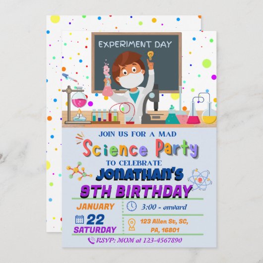 Mad Science Birthday Party Invitation for Boys Kaart (Voorkant / Achterkant)