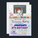 Mad Science Birthday Party Invitation for Boys Kaart<br><div class="desc">Verrijk je gasten met deze kleurrijke uitnodiging van een wetenschaps-verjaardagsfeestje met wetenschappelijke elementen zoals experimentele tools. Een wetenschapper denkt aan een idee om een experiment uit te voeren. Kleurrijke stippen zijn voor de achtergrond. Voeg eenvoudig uw gebeurtenisdetails op deze makkelijk te gebruiken sjabloon toe om tot het één-van-een-soort uitnodiging te...</div>