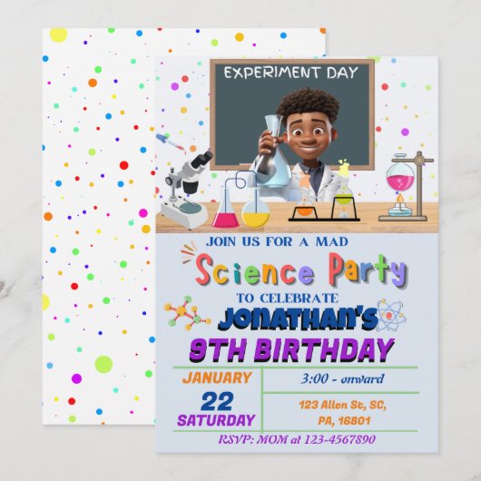Mad Science Birthday Party Invitation for Boys Kaart (Voorkant / Achterkant)