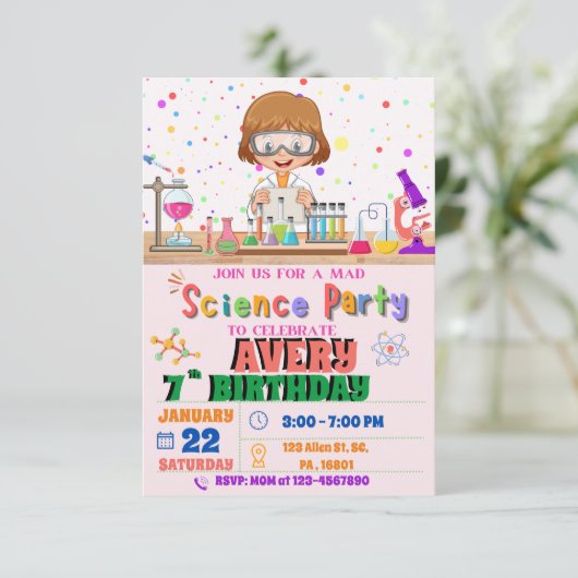 Mad Science Birthday Party Invitation for Girl Kaart (Staand voorkant)