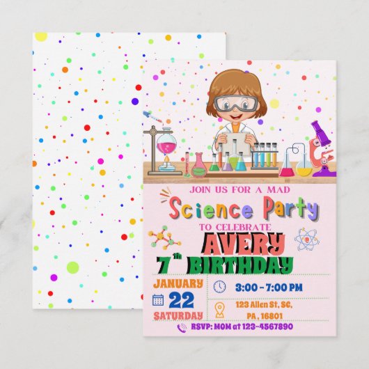 Mad Science Birthday Party Invitation for Girl Kaart (Voorkant / Achterkant)