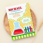 Mad Science Birthday Party Invitation Kaart<br><div class="desc">Viel je kleine geniale verjaardagsfeestje met een science Birthday party. Deze Mad Scientist Party Invitation kenmerkt chemische laboratoriumkolf op geel streekpatroon. Speur je kleine einstein-verjaardagsfeestje op met onze uitnodiging voor een gekke science party. Dit ontwerp van wetenschappelijke uitnodigingen is ook perfect om je baby te verwelkomen met een gekke wetenschapper...</div>