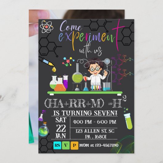 Mad Science Birthday Party: Uitnodiging voor jonge (Voorkant / Achterkant)