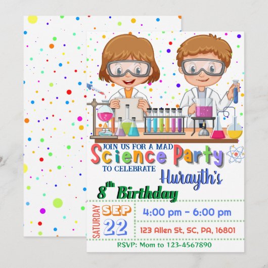 Mad Science Birthday Party: Uitnodiging voor jonge (Voorkant / Achterkant)