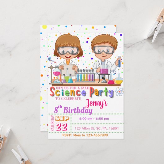 Mad Science Birthday Party: Uitnodiging voor meisj (Voorkant / Achterkant in situ)
