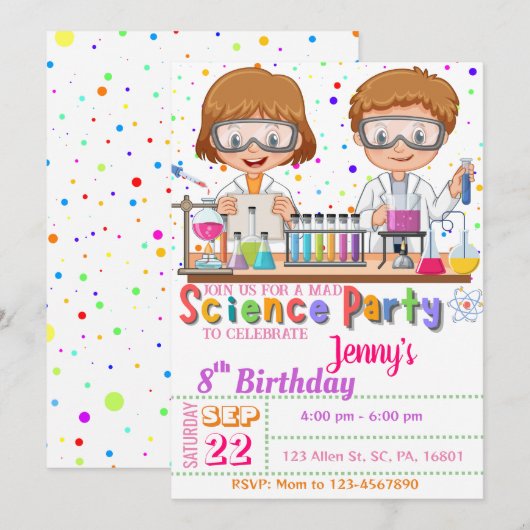 Mad Science Birthday Party: Uitnodiging voor meisj (Voorkant / Achterkant)