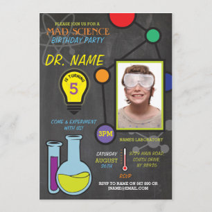 Mad Science Boys meisjes Birthday atoms Invitation Kaart