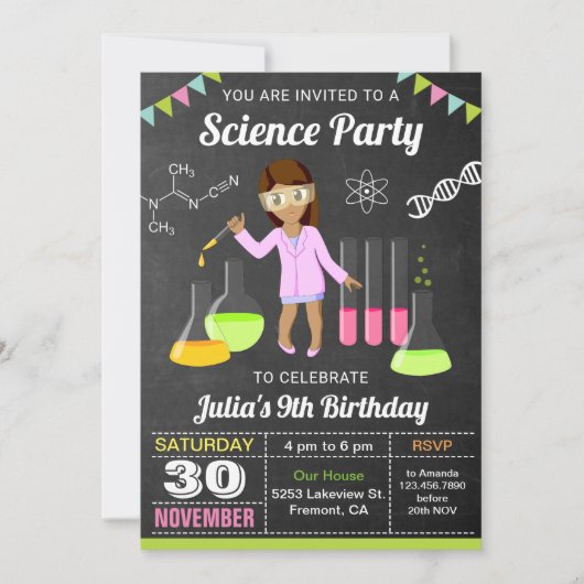 Mad Science Experiment Girls Birthday Party Invite Kaart (Voorkant)