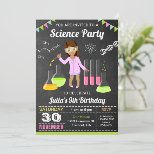Mad Science Experiment Girls Birthday Party Invite Kaart (Staand voorkant)