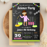 Mad Science Experiment Girls Birthday Party Invite Kaart<br><div class="desc">Maak je gasten geweldig met deze kleurrijke uitnodiging van een wetenschaps-verjaardagsfeestje met een laboratoriummeisje dat een experiment doet tegen een krijtbordachtergrond. Voeg eenvoudig uw gebeurtenisdetails op deze makkelijk te gebruiken sjabloon toe om het één-van-een-soort uitnodiging te maken. Draai de kaart om een kleurrijk strepenpatroon op de achterkant van de kaart...</div>