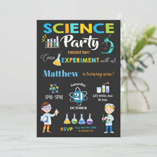 Mad Science Party Birthday Invitation Boy Kaart (Staand voorkant)