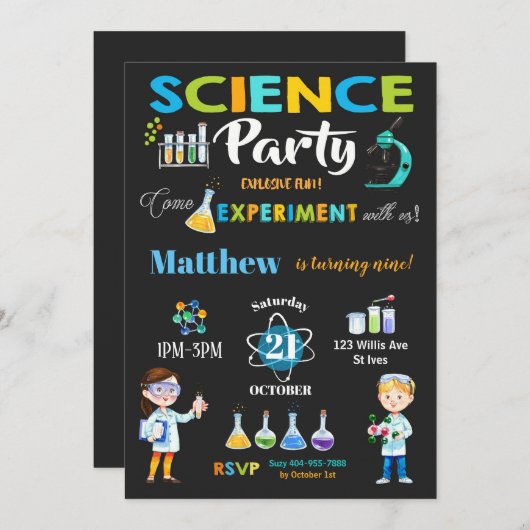 Mad Science Party Birthday Invitation Boy Kaart (Voorkant / Achterkant)