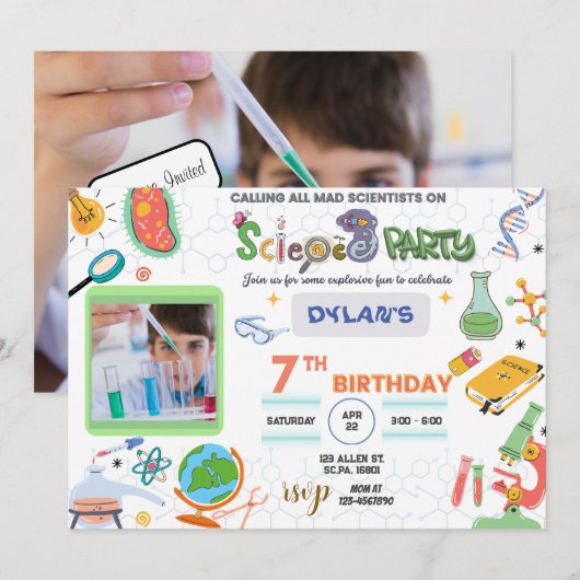 Mad Science Party, Scientist Birthday Invitation Kaart (Voorkant / Achterkant)