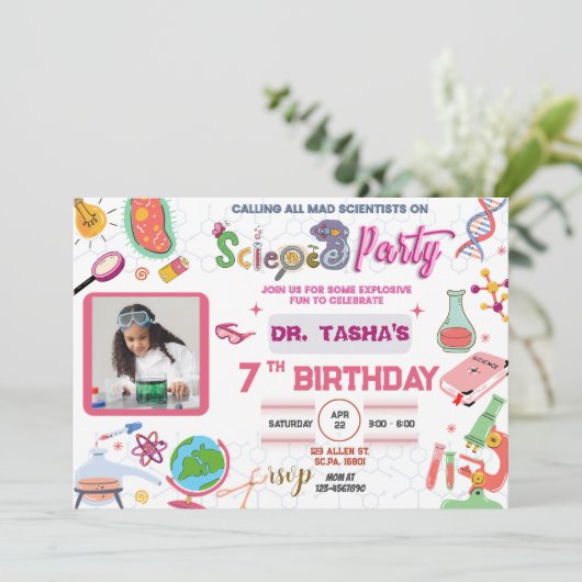 Mad Science Party Uitnodiging voor meisjes (Staand voorkant)