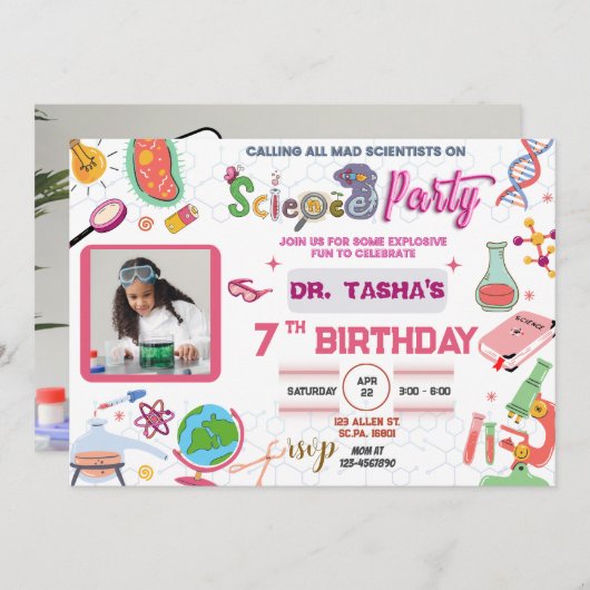 Mad Science Party Uitnodiging voor meisjes (Voorkant / Achterkant)