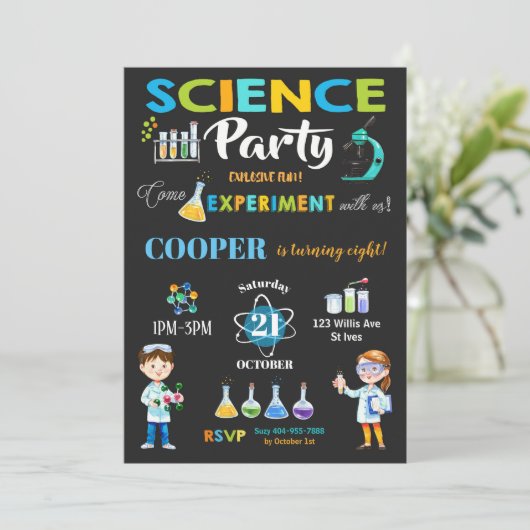Mad Science Party verjaardagsuitnodiging jongen Kaart (Staand voorkant)